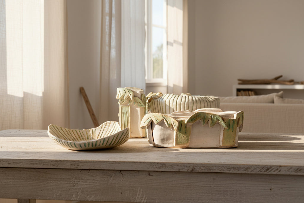 Set of ceramic bowls with green accents on a textured surface