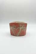 Ceramic pot with palm tree design on a plain background