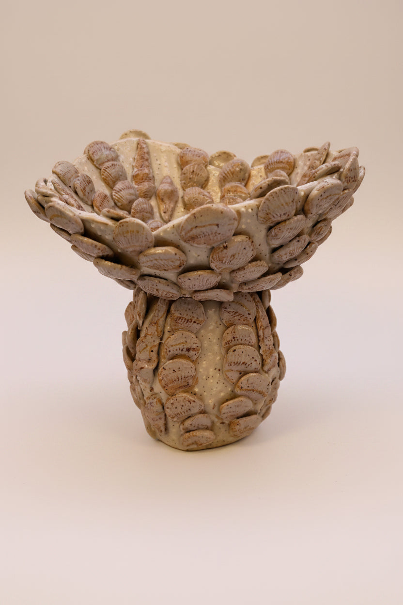 Decorative ceramic bowl with shell design on a beige background
