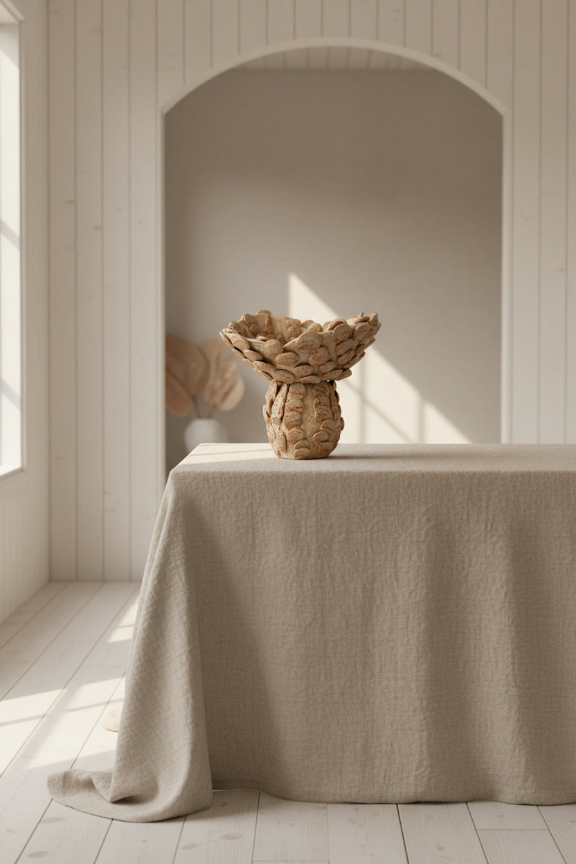 Decorative ceramic bowl with shell design on a beige background