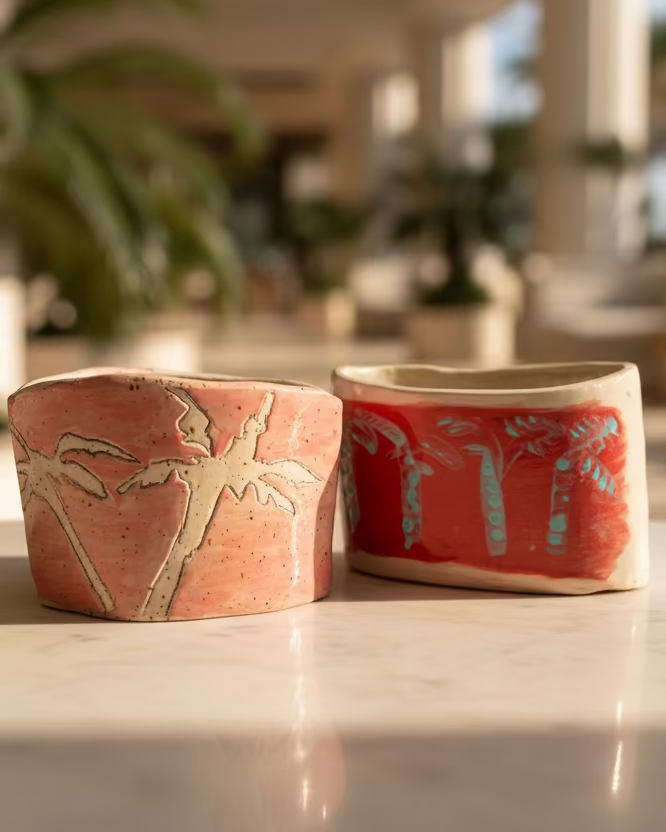 Two ceramic pots with abstract designs on a plain background